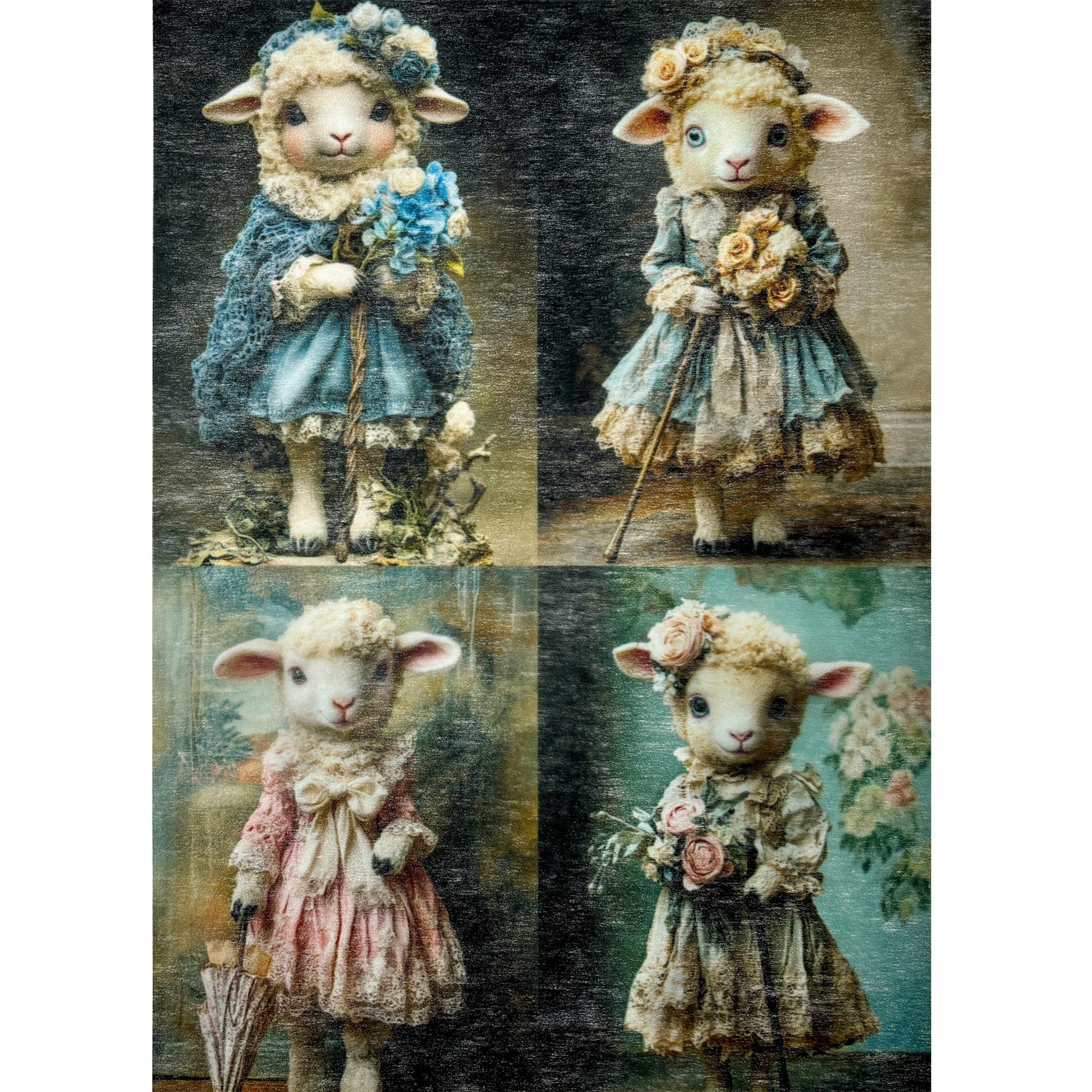 A3 fiber paper featuring 4 designs of portraits of little lambs in vintage dresses. White borders are on the sides.