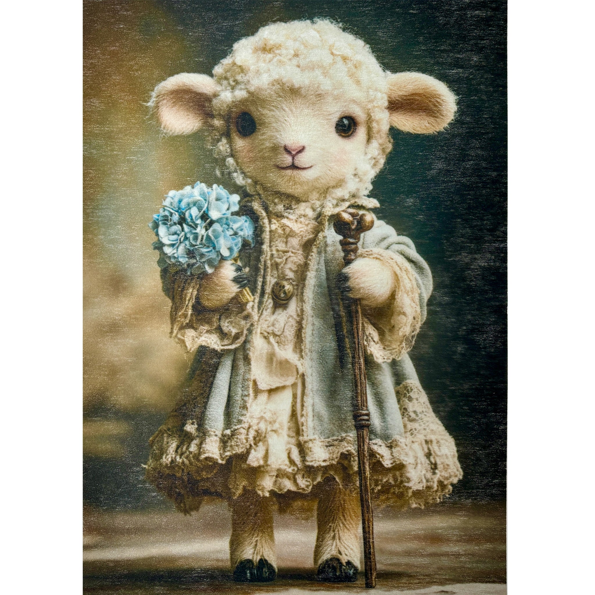 A3 fiber paper featuring a portrait of a little lamb in vintage clothes holding a walking cane and bouquet of blue flowers. White borders are on the sides.