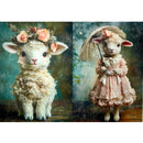 A3 fiber paper featuring 2 designs of portraits of adorable little lambs, one wearing a floral crown, the other in a pink vintage dress holding an umbrella. White borders are on the top and bottom.