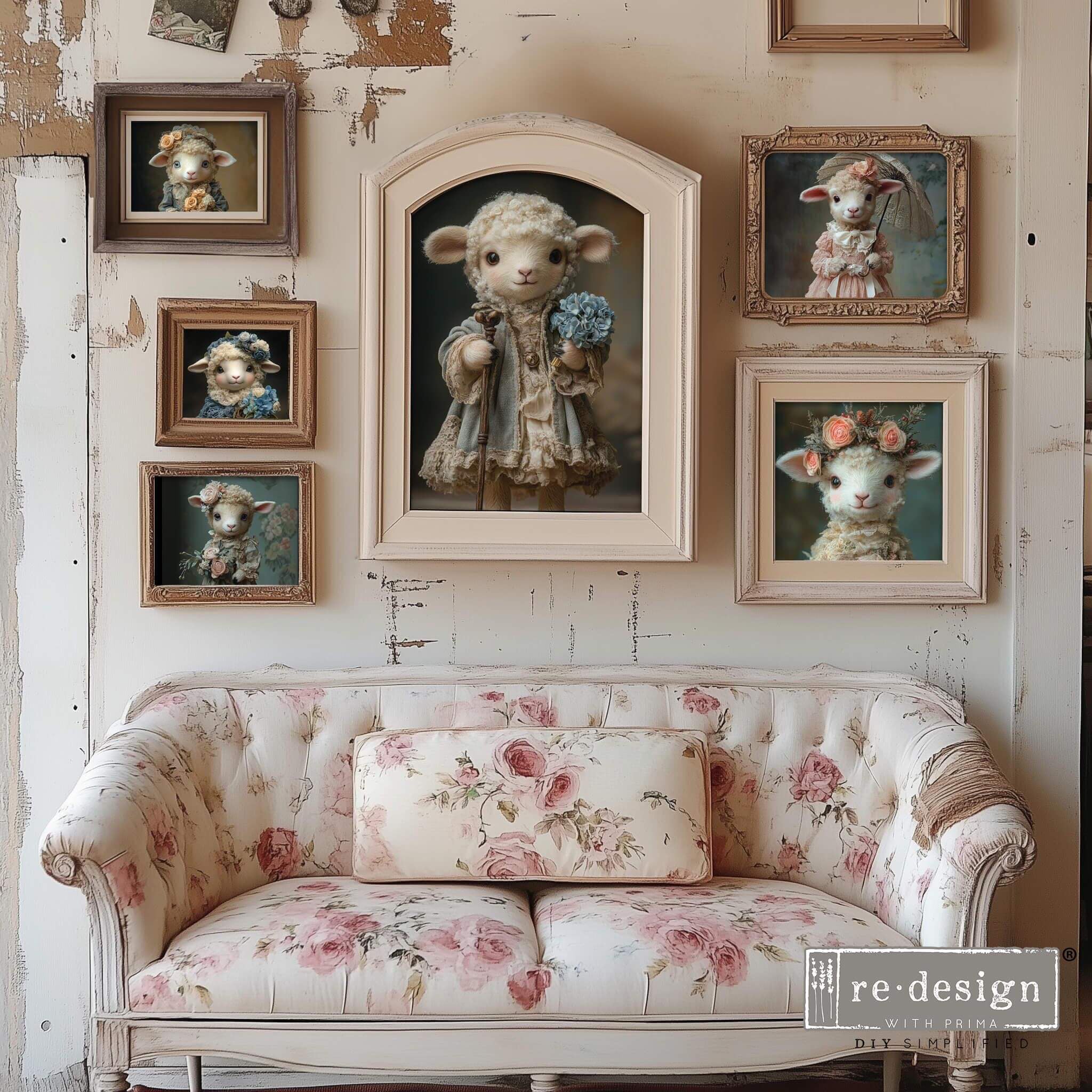 A gallery wall of 6 wood photo frames feature ReDesign with Prima's Shepherd's Cottage Charm A3 fiber paper in them. A small white couch with vintage floral cushions sits under the gallery wall.