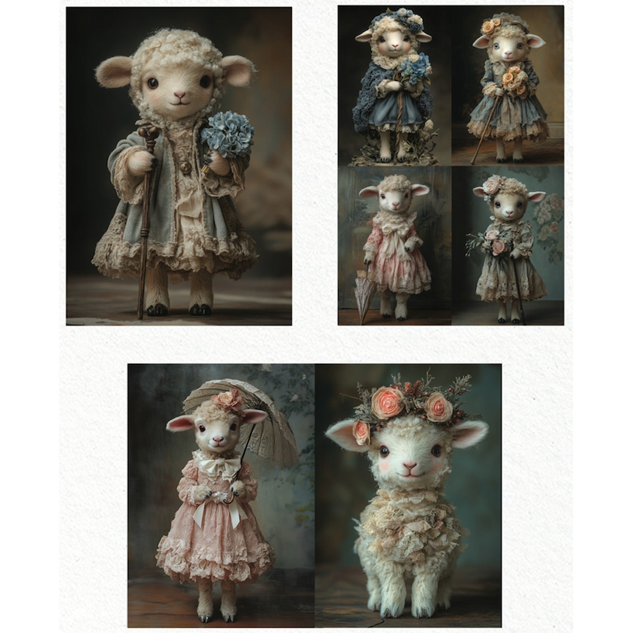 Three sheets of fiber papers against a white background feature 7 scenes of adorable lambs in vintage clothes.