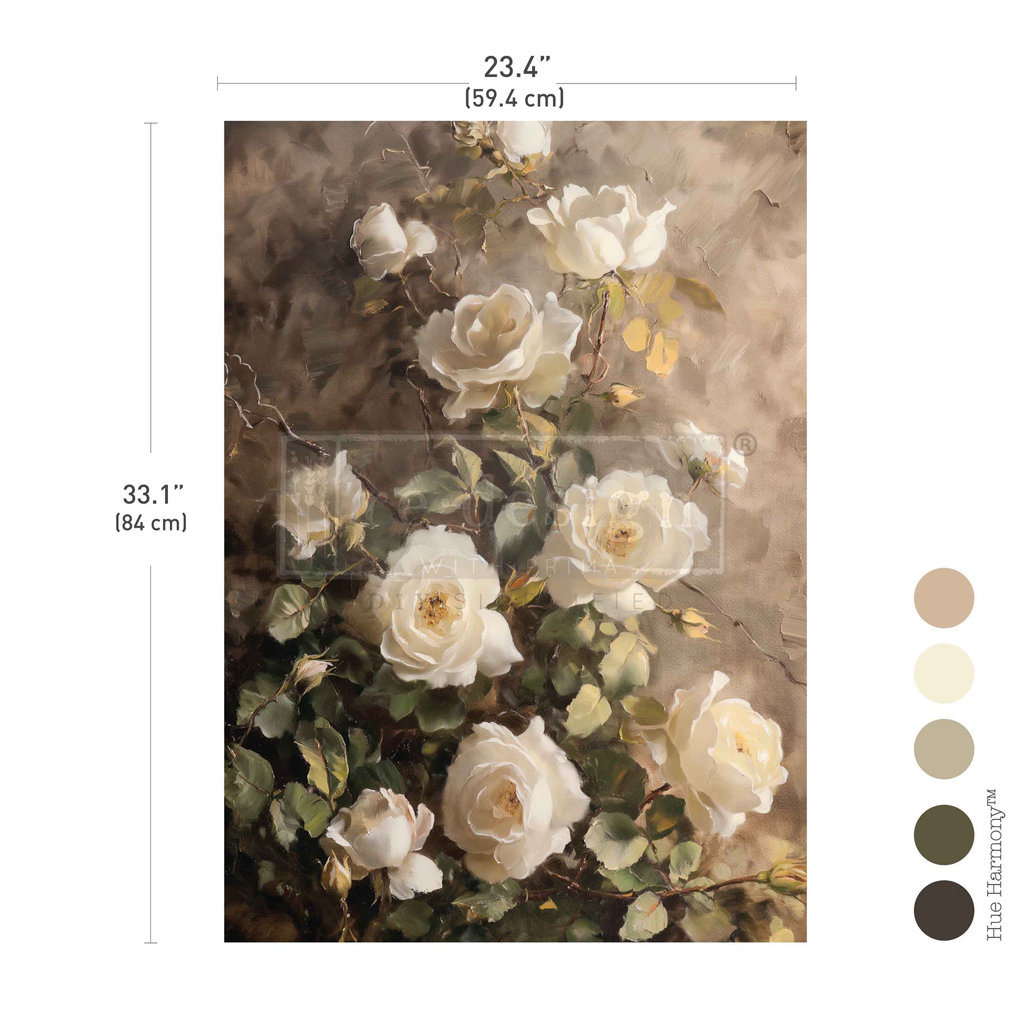 Floral painting with dimensions and color swatches on a white background (23.4" x 33.1")