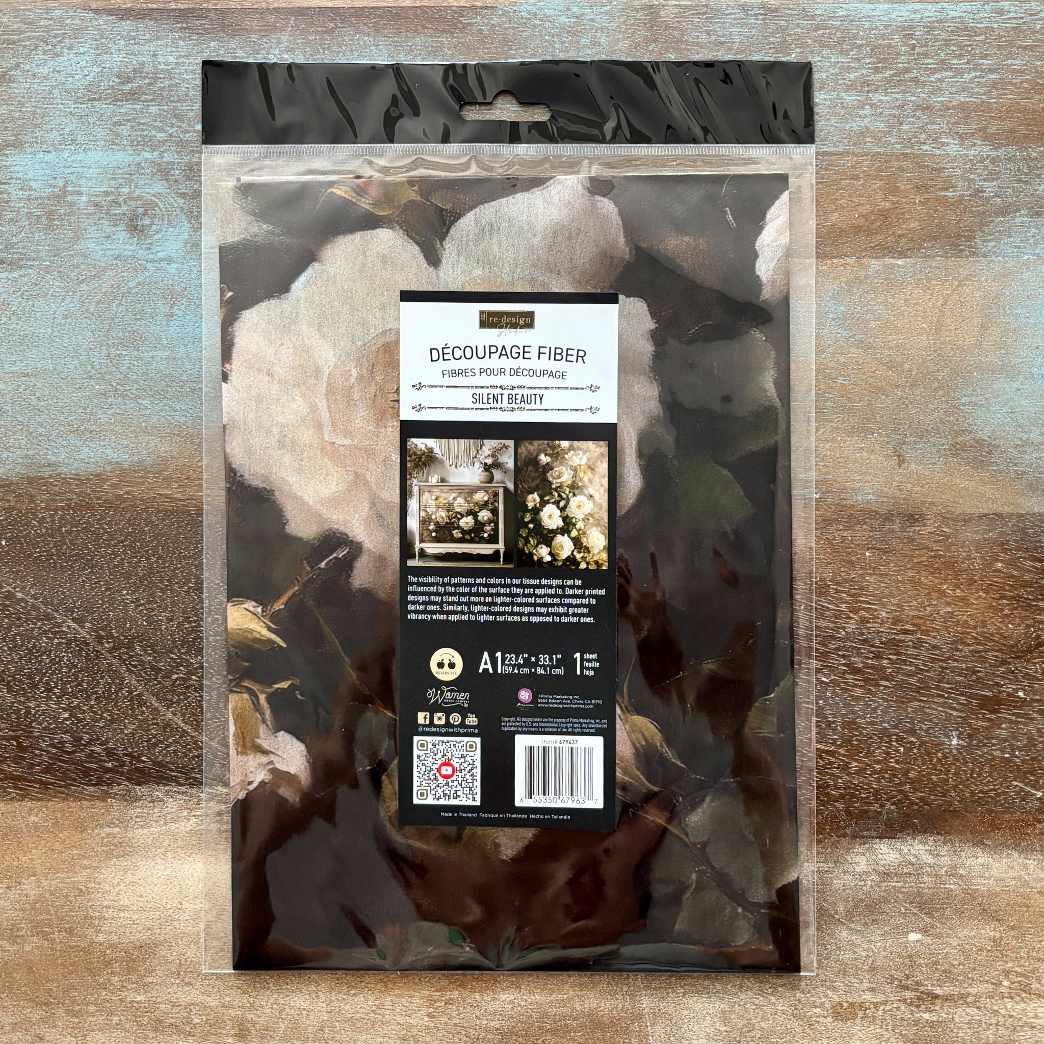 Package of decoupage fiber with a decorative design on a textured surface