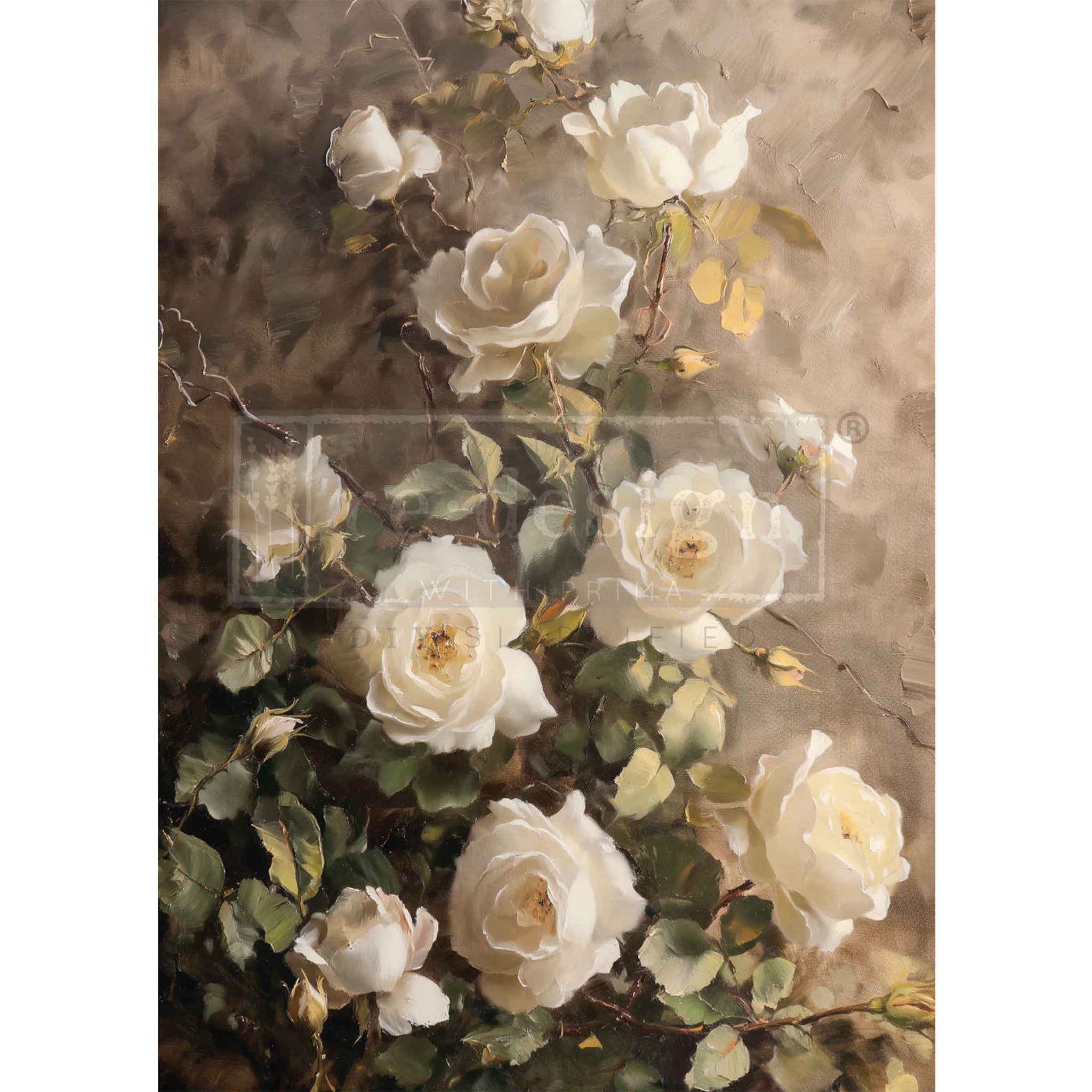 Artistic depiction of white flowers with green leaves on a textured beige background