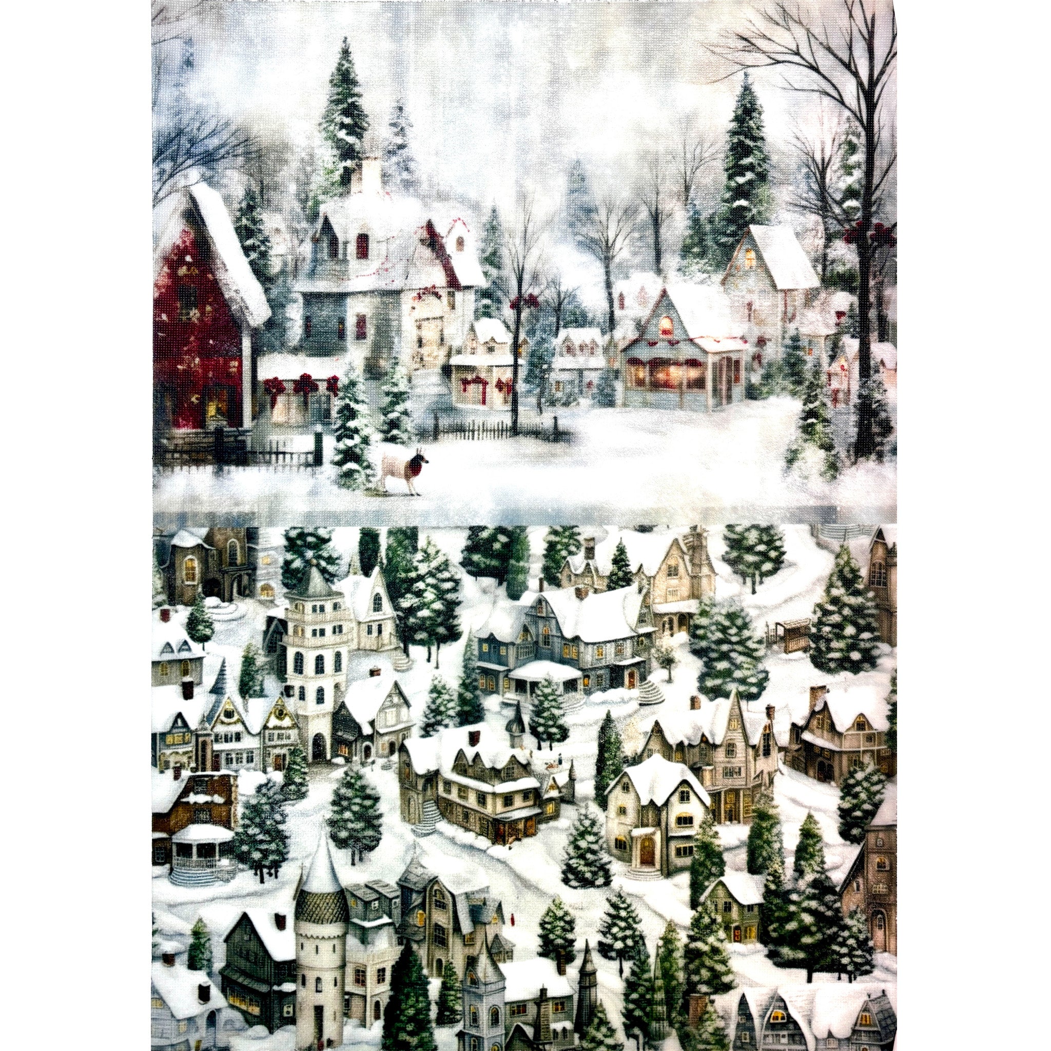 A3 fiber paper featuring 2 scenes of quiet snow covered villages. White borders are on the top and bottom.