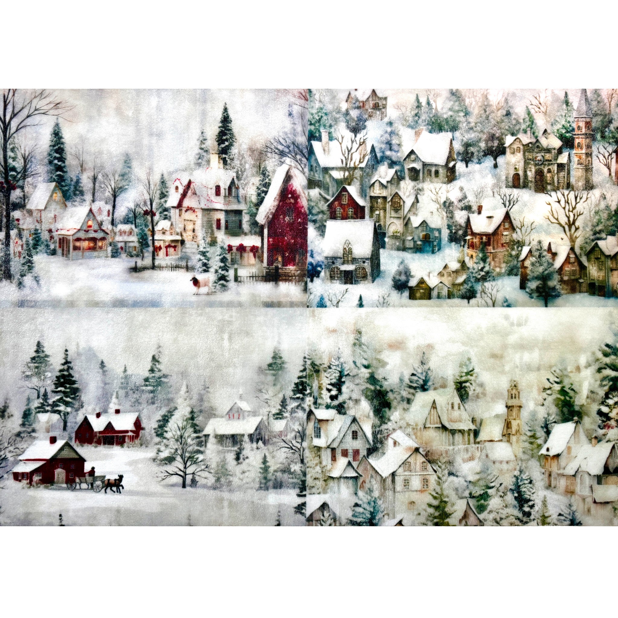 A3 fiber paper featuring 4 scenes of quiet snow covered villages. White borders are on the top and bottom.