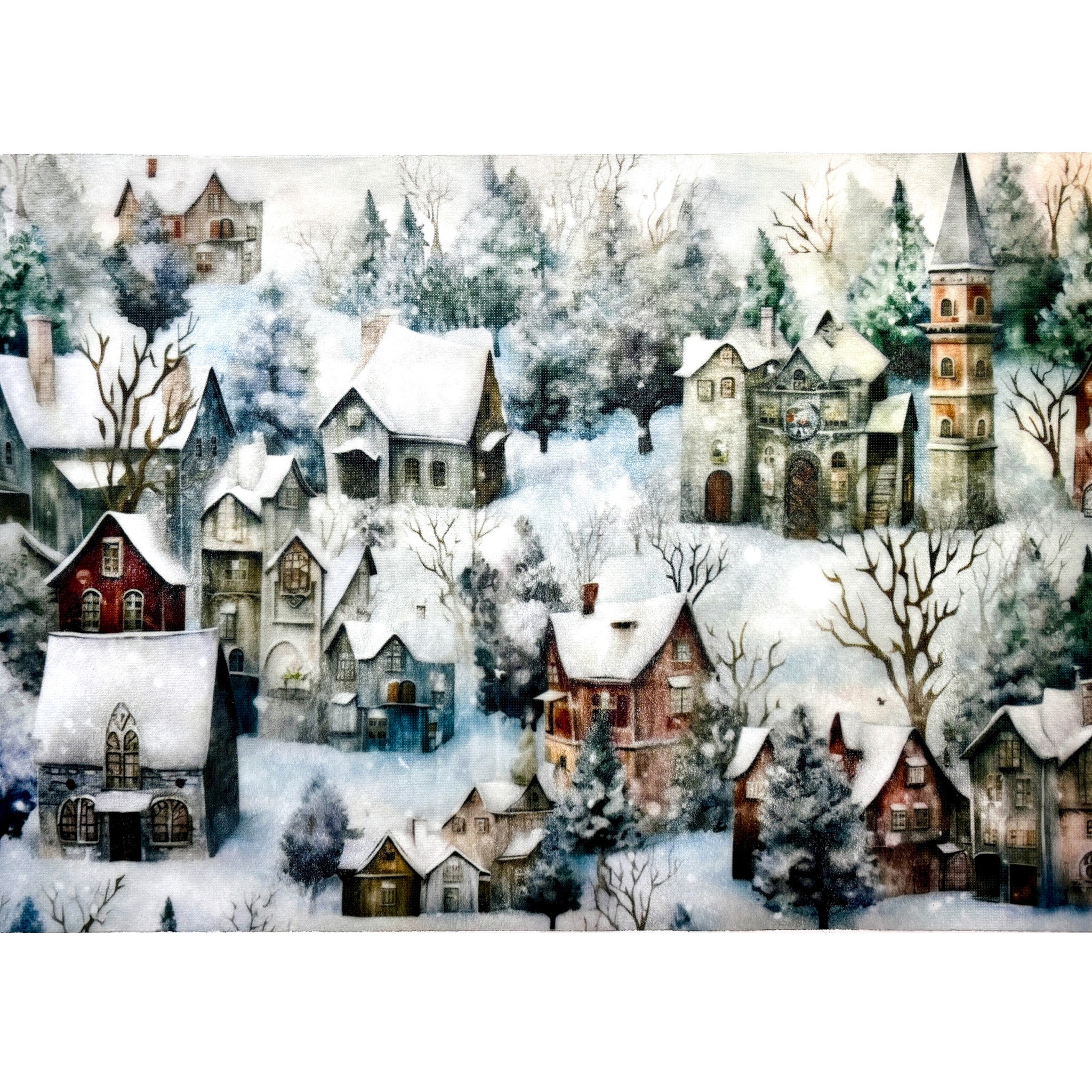 A3 fiber paper featuring a quiet snow covered village. White borders are on the top and bottom.