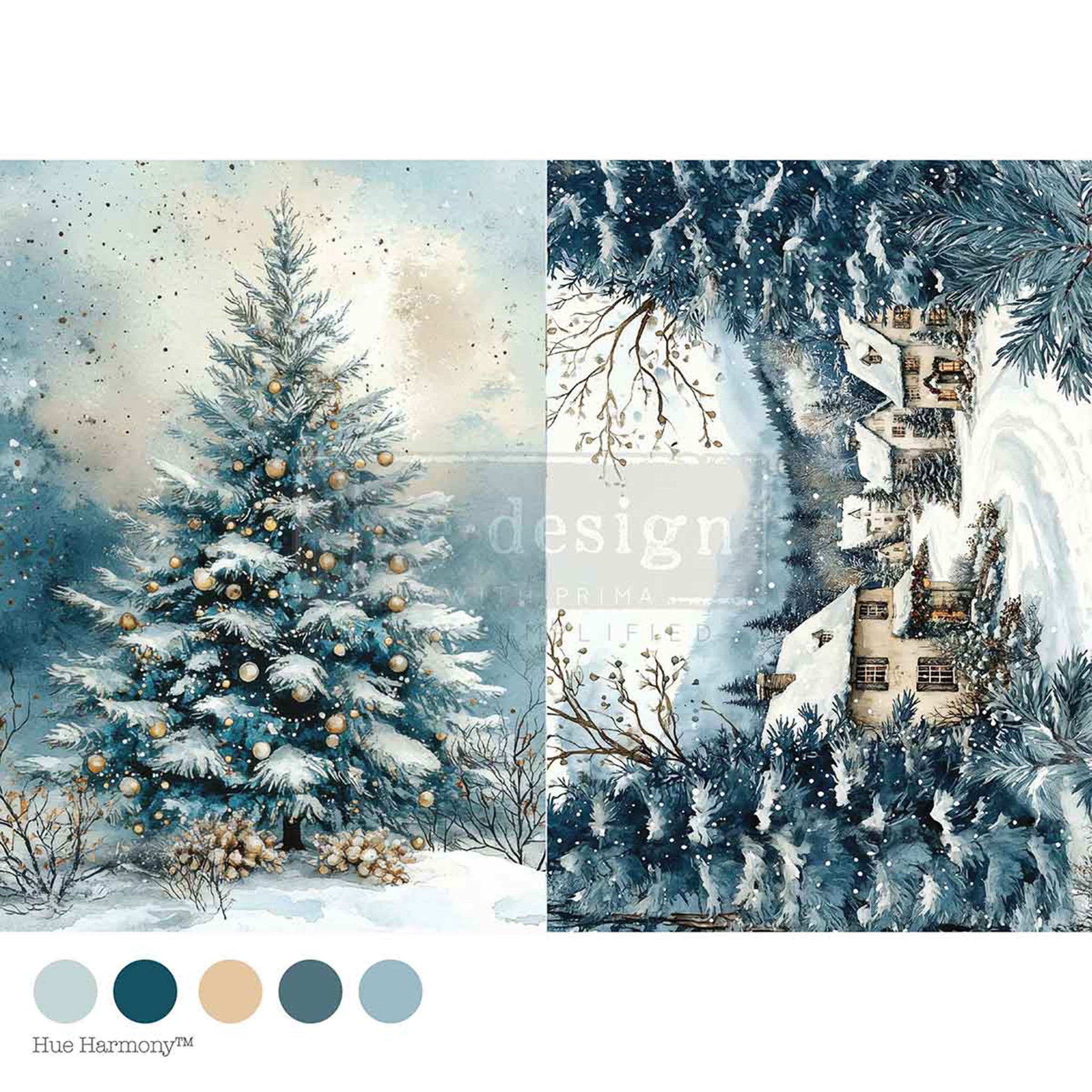 Winter scene with decorated tree and snowy landscape, featuring a house and trees.