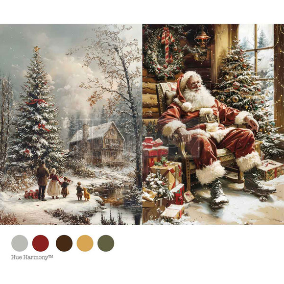 Two Christmas-themed scenes with Santa Claus and a snowy landscape, accompanied by color swatches.