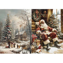 Two Christmas-themed images: one with a snowy landscape and another with Santa Claus in a cozy cabin.