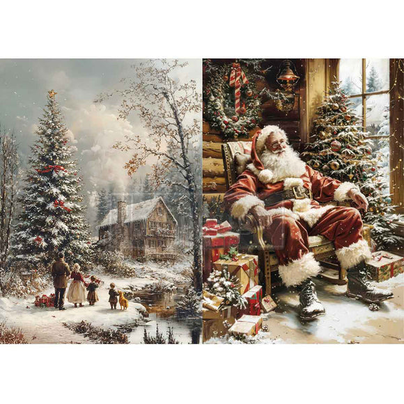 Two Christmas-themed images: one with a snowy landscape and another with Santa Claus in a cozy cabin.