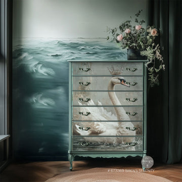 A vintage 6-drawer chest dresser features ReDesign with Prima's Siren's Serenity A1 Fiber paper on the front.