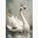 A1 fiber paper featuring a majestic white swan wearing a crown on sparkling water. White borders are on the sides.
