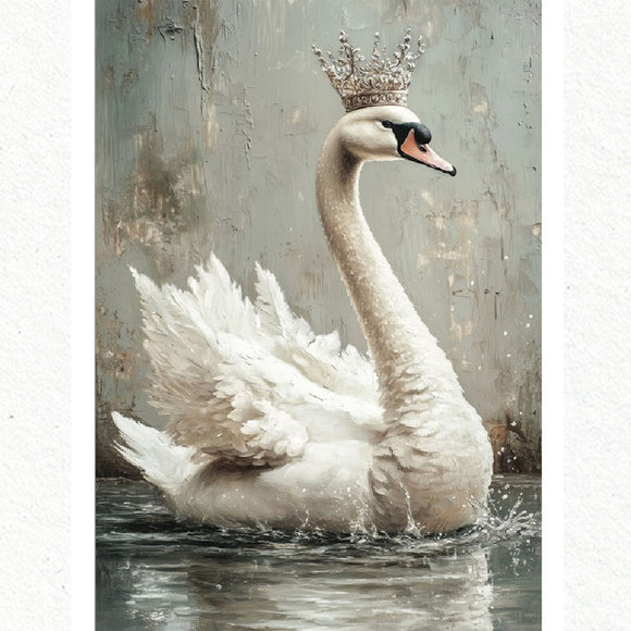 A1 fiber paper featuring a majestic white swan wearing a crown on sparkling water. White borders are on the sides.