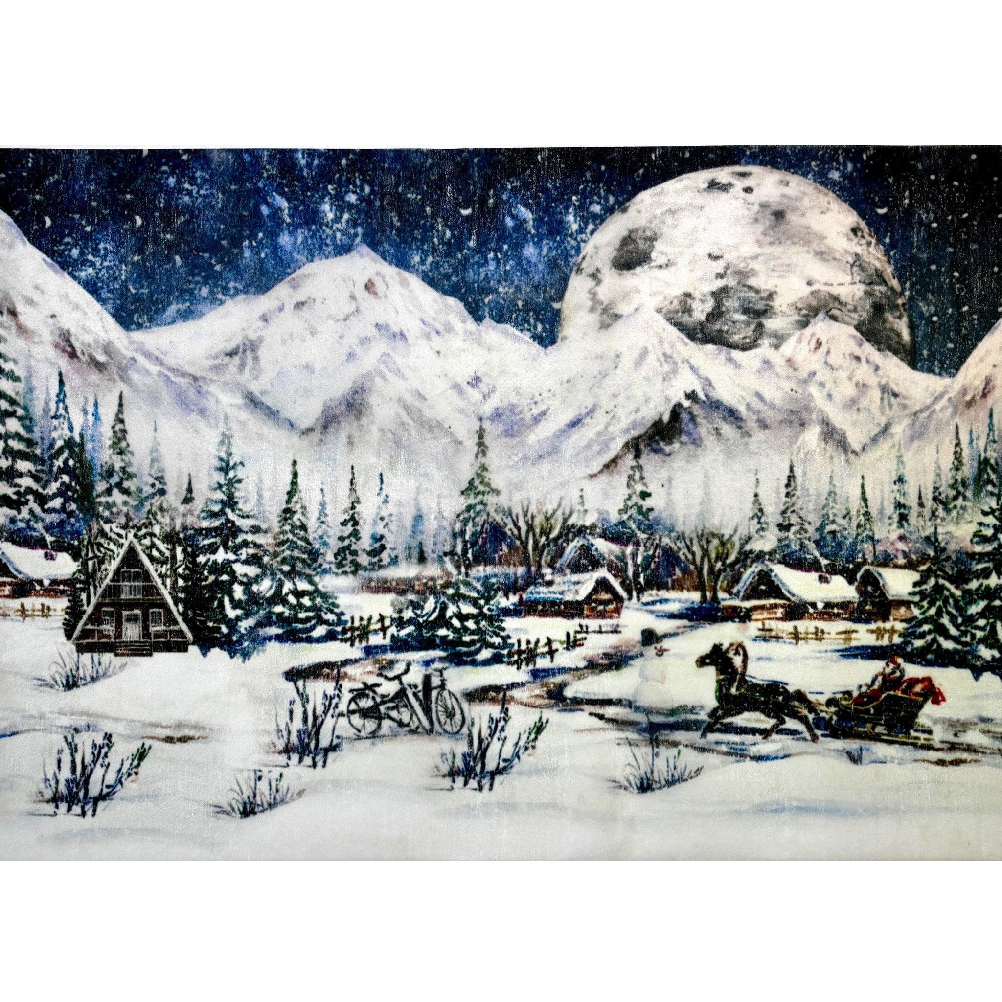 A3 fiber paper featuring a snow covered town at the base of snowy mountains and a large moon on the rise. White borders are on the top and bottom.