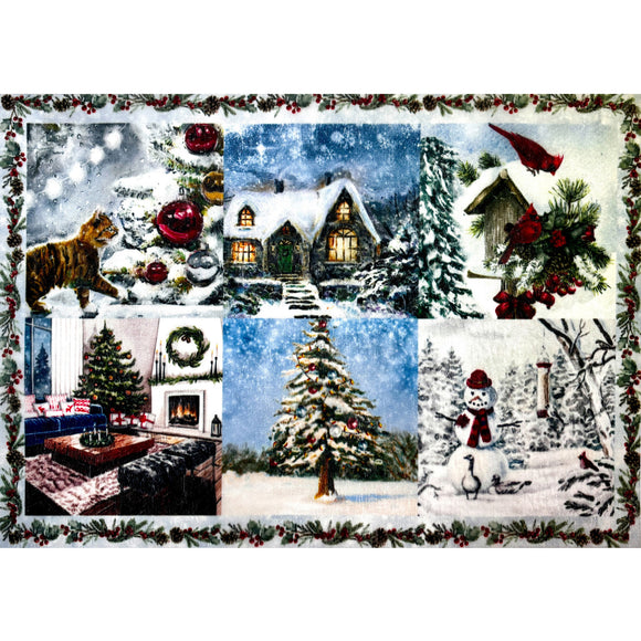 A3 fiber paper featuring a collage of Christmas trees, a snowman, red cardinal birds, and a snow covered cottage. White borders are on the top and bottom.