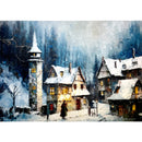 A3 fiber paper features a snowy village street. White borders are on the top and bottom.