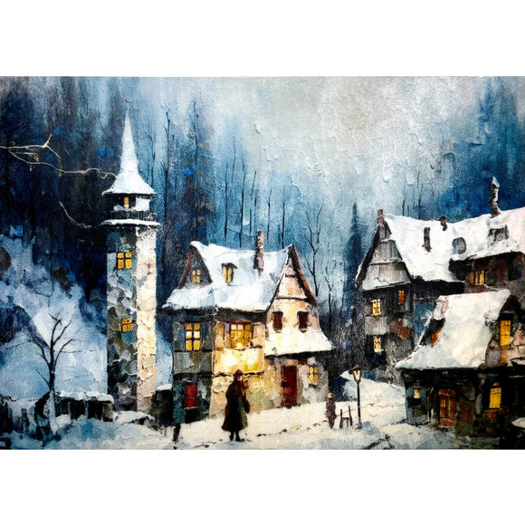 A3 fiber paper features a snowy village street. White borders are on the top and bottom.