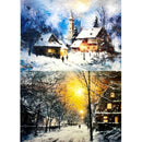 A3 fiber paper features 2 scenes of snowy village streets with the sun setting. White borders are on the sides.
