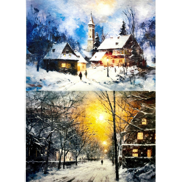 A3 fiber paper features 2 scenes of snowy village streets with the sun setting. White borders are on the sides.