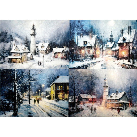 A3 fiber paper features 4 scenes of quiet snow covered village streets. White borders are on the top and bottom.