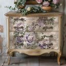 A vintage drawer chest dresser is painted soft beige with gold accents and features ReDesign with Prima's Soft Veil Fiber paper on the drawers.