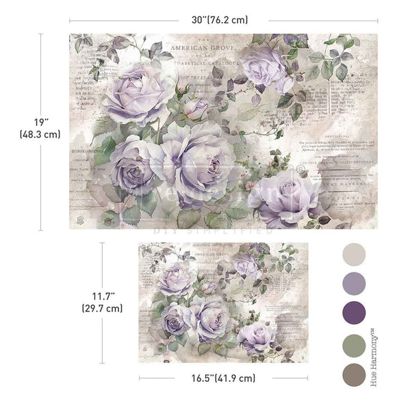 Two sheets of ReDesign with Prima's Soft Veil fiber papers are against a white background with 5 matching color samples. Measurements for both sheets read: 30" (76.2 cm) by 19" (48.3 cm) and 11.7" (29.7 cm) by 16.5" (41.9 cm).