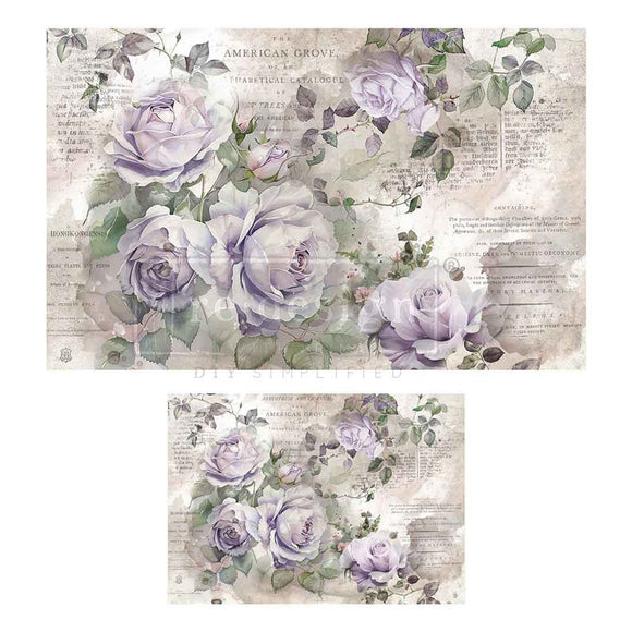 Two different size sheets of fiber papers featuring beautiful purple roses and soft sage greenery on a vintage document are against a white background.
