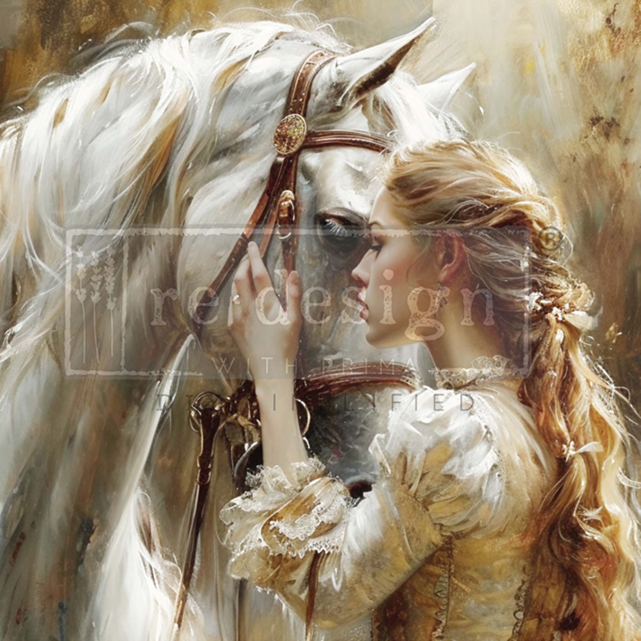 Close-up of an A1 fiber paper design featuring a royally dressed woman caressing a stunning white horse.