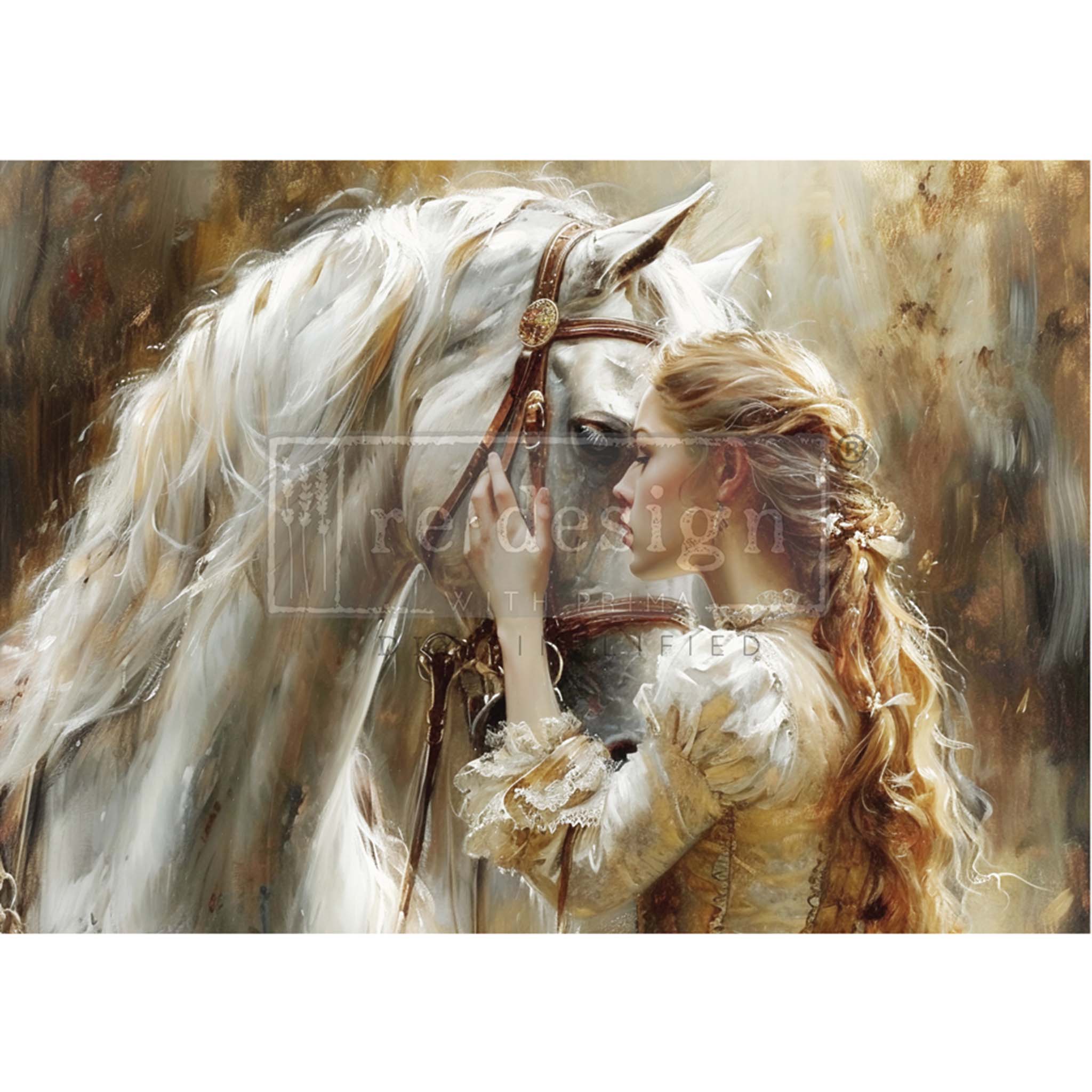 A1 fiber paper design featuring a royally dressed woman caressing a stunning white horse. White borders are on the top and bottom.