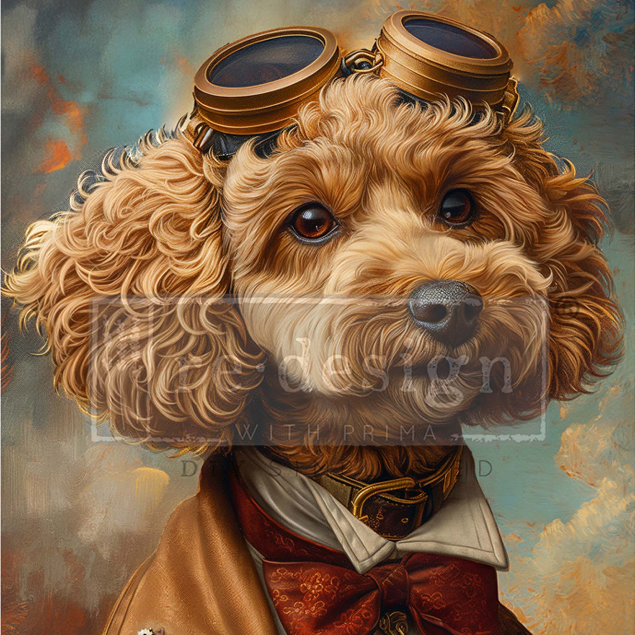 Close-up of an A1 fiber paper featuring a whimsical portrait of a dog against a cloudy sky backdrop and is wearing a Steampunk style flight suit with pilot goggles on its head.