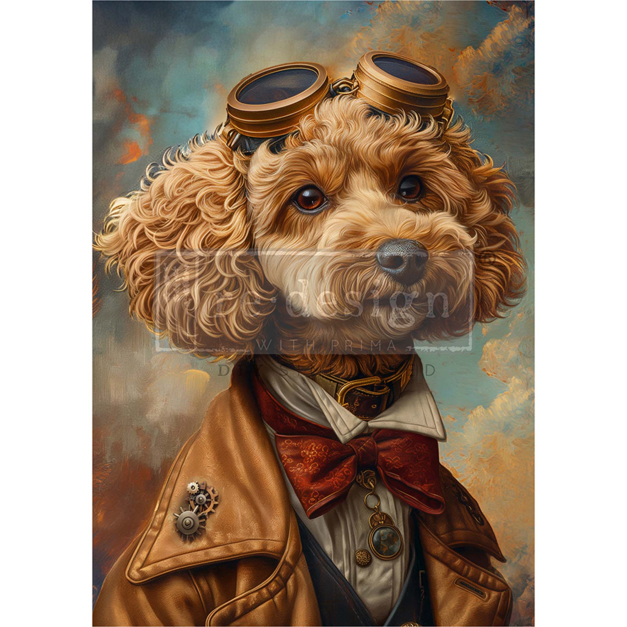 A1 fiber paper featuring a whimsical portrait of a dog against a cloudy sky backdrop and is wearing a Steampunk style flight suit with pilot goggles on its head. White borders are on the sides.