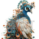 Close-up of an A1 fiber paper design featuring a steampunk inspired majestic peacock with boldly colored feathers.