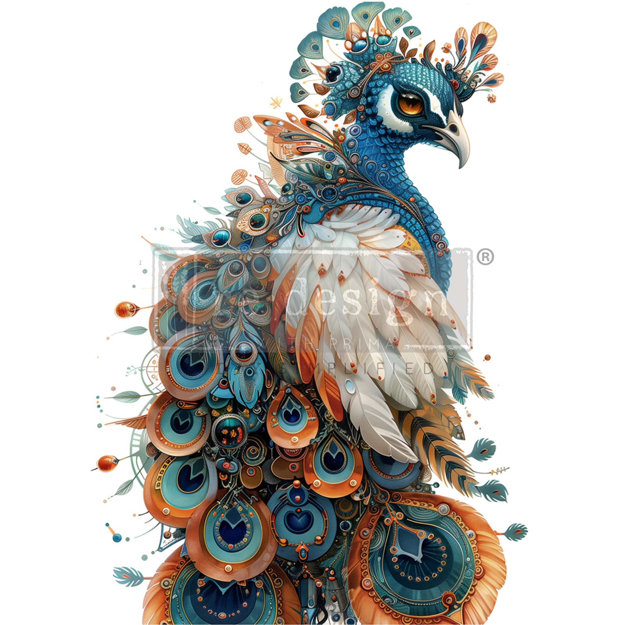 A1 fiber paper design featuring a steampunk inspired majestic peacock with boldly colored feathers. 