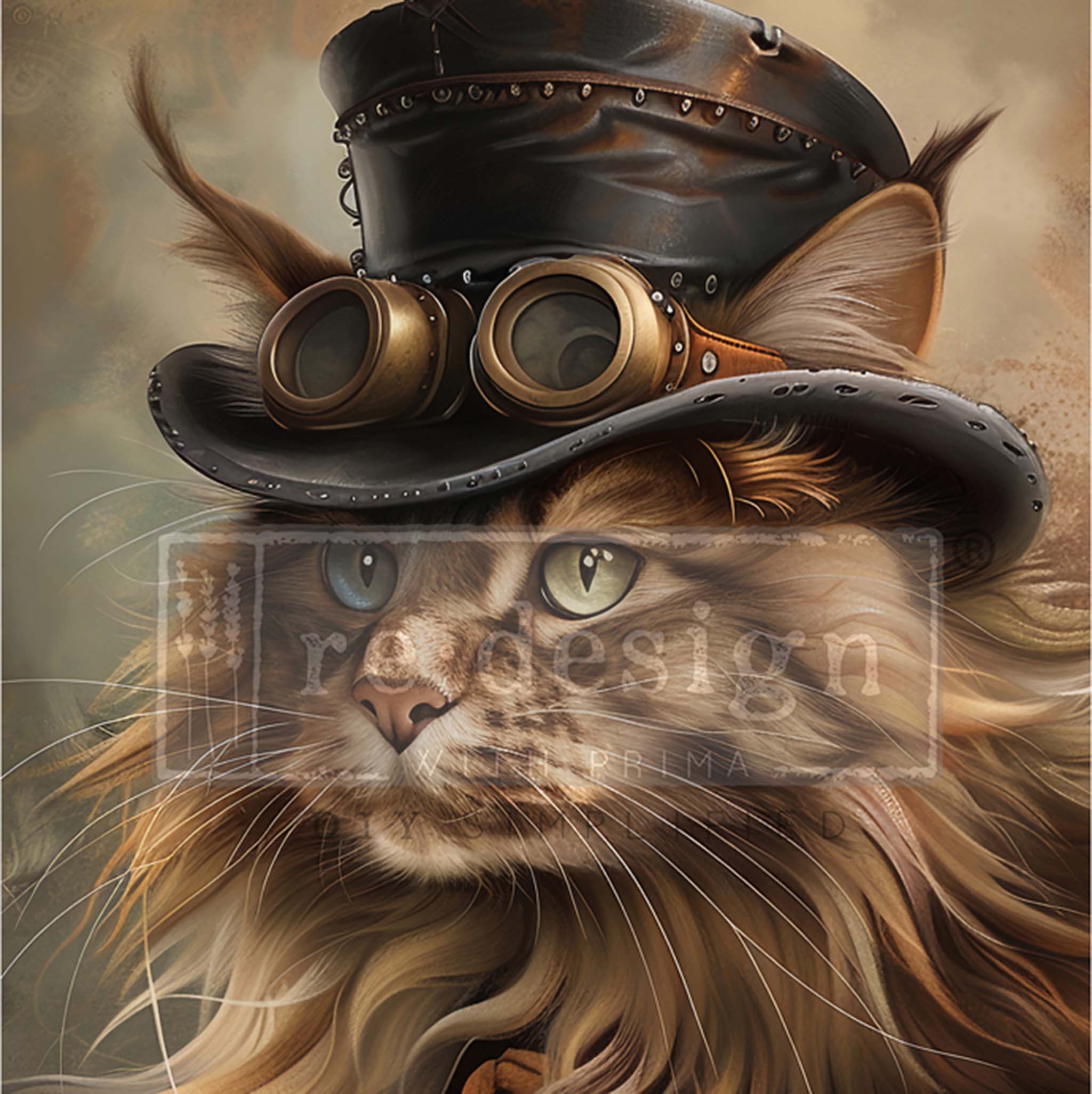 Close-up of an A1 fiber paper that features a long haired cat donning a topcoat and goggles on a top hat with steampunk flair.