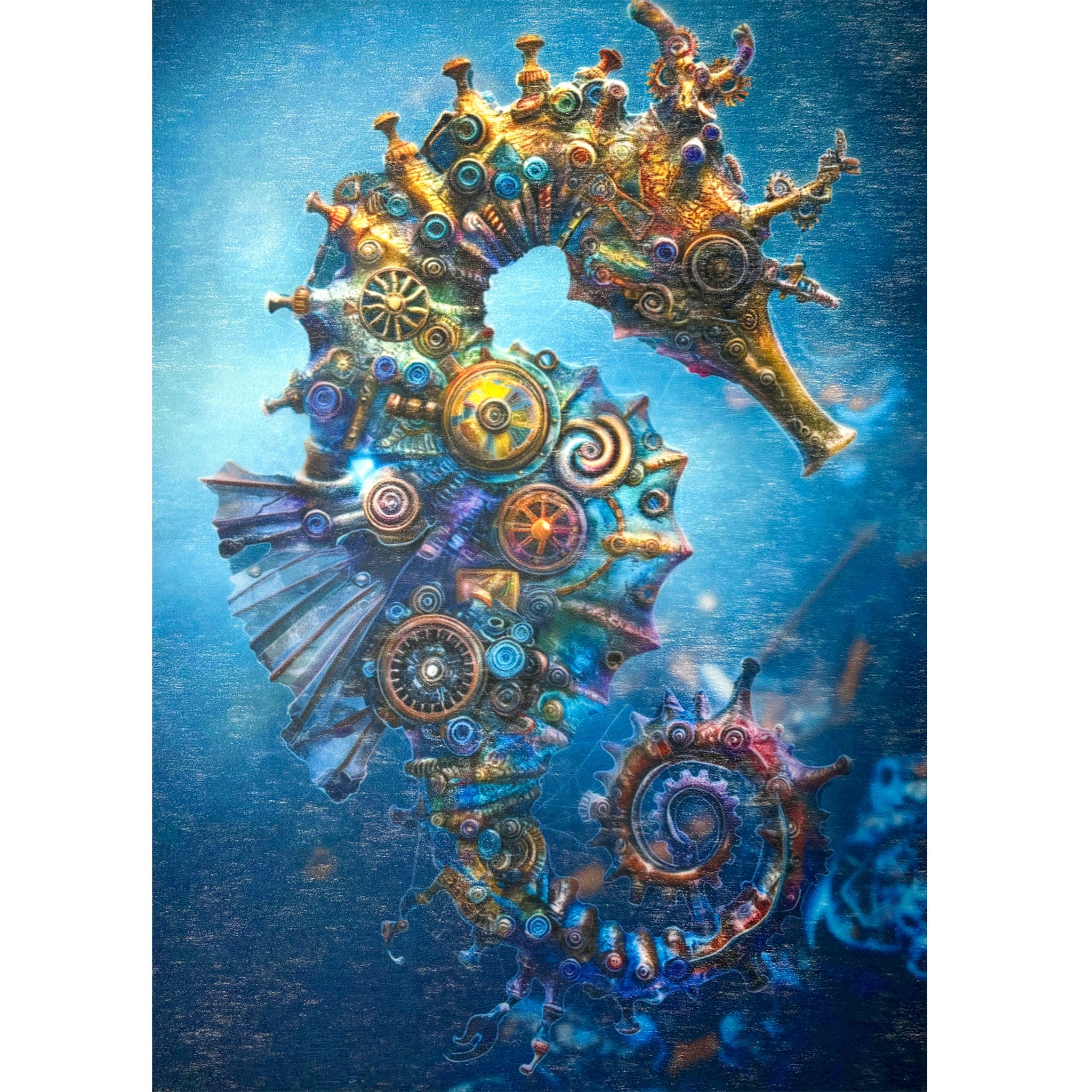 A3 fiber paper featuring a design of a bronze colored seahorse covered in steampunk cogs and gears against a mysterious blue backdrop. White borders are on the sides.