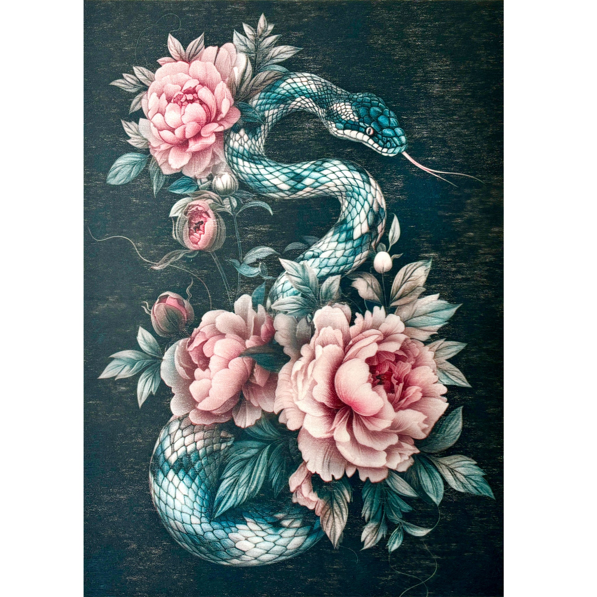 A3 fiber paper featuring a design of a snake with pale pink flowers against a dark background. White borders are on the sides.