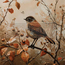Decoupage paper of bird perched on a branch with autumn leaves and berries