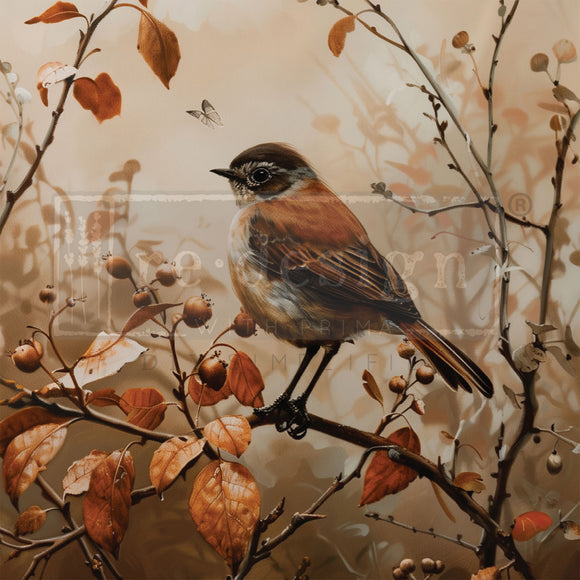Decoupage paper of bird perched on a branch with autumn leaves and berries