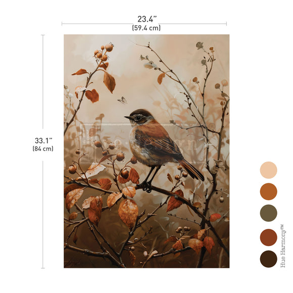 Decoupage paper of bird perched on a branch with autumn leaves and berries with measurements: 23.4" x 33.1"