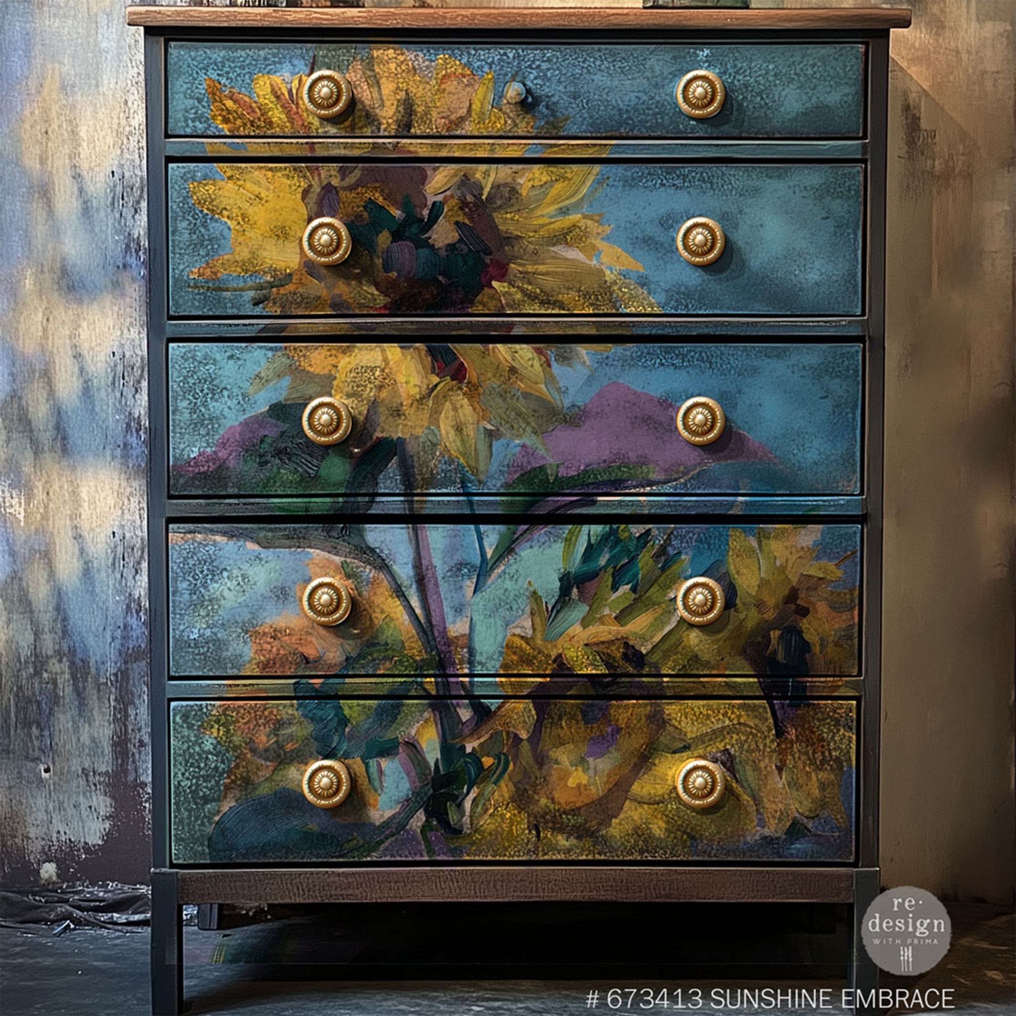 A 5-drawer chest dresser features ReDesign with Prima's Sunshine Embrace A1 Fiber paper on the front.