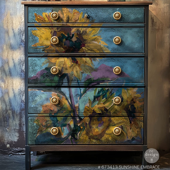 A 5-drawer chest dresser features ReDesign with Prima's Sunshine Embrace A1 Fiber paper on the front.