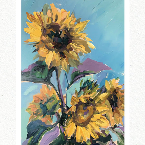 A1 fiber paper featuring a painting of large bold sunflowers blooming against a beautiful blue sky.  White borders are on the sides.