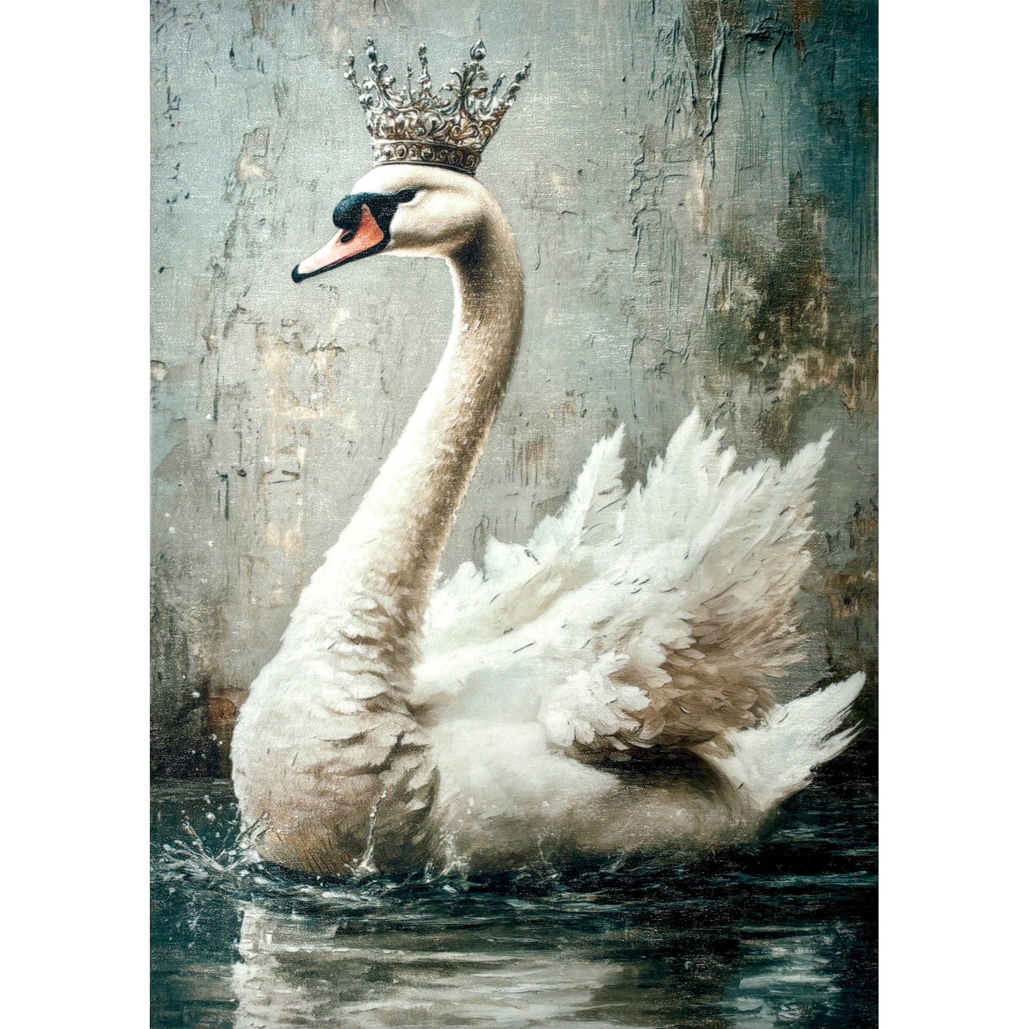 A3 fiber paper featuring a white swan in a crown. White borders are on the sides.