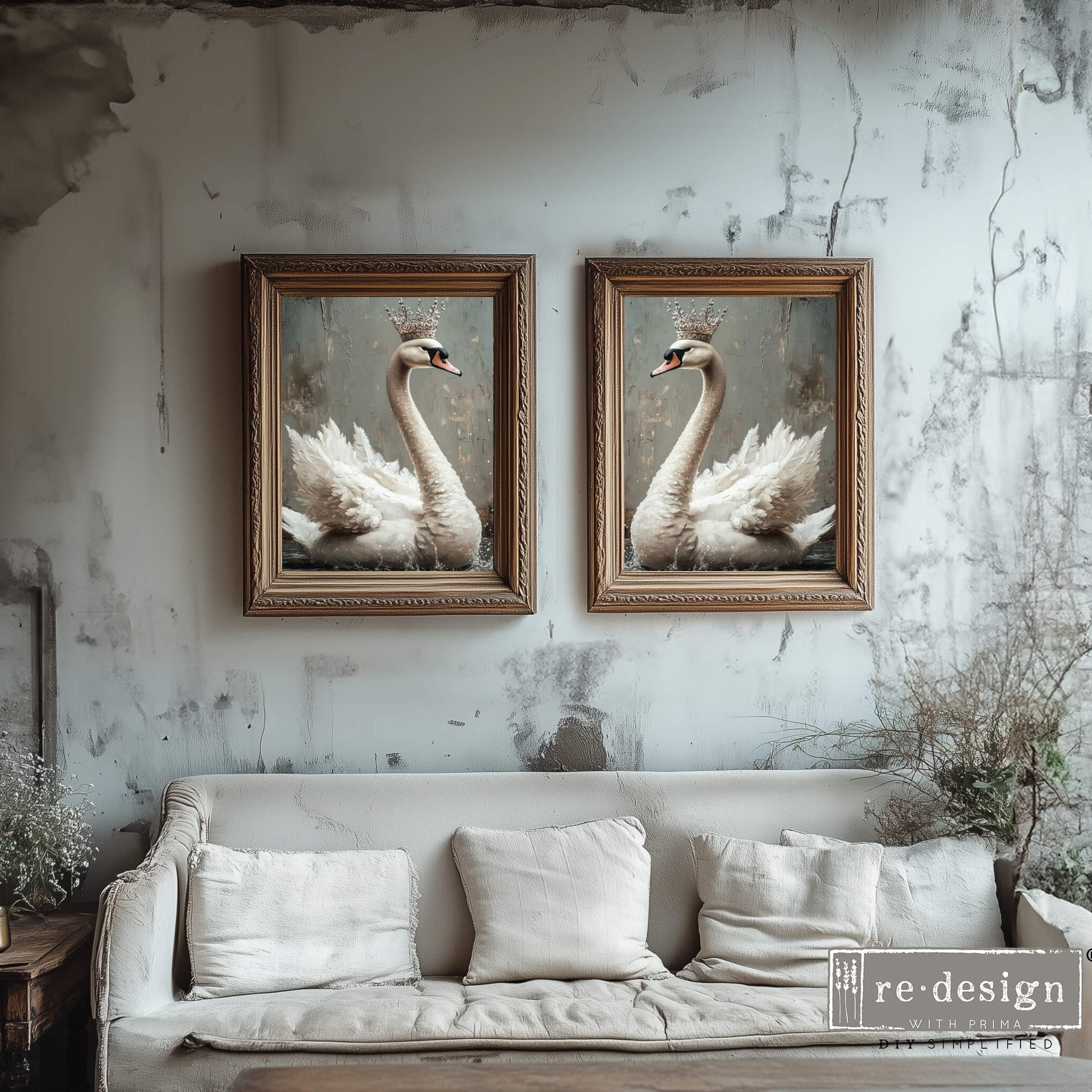 Two large photo frames above a couch feature ReDesign with Prima's Swan Serenity A3 fiber paper in them.