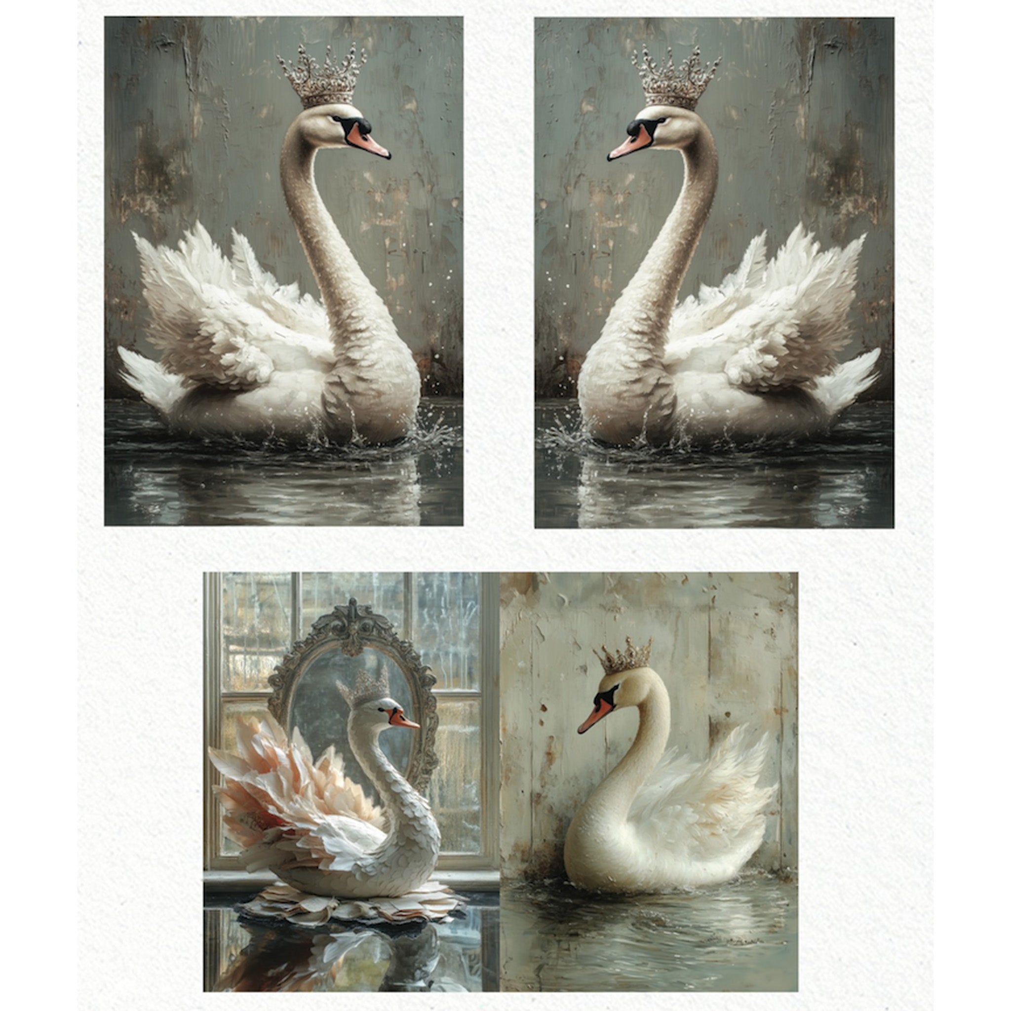 Three sheets of fiber papers against a white background feature 4 scenes of beautiful white swans wearing crowns.