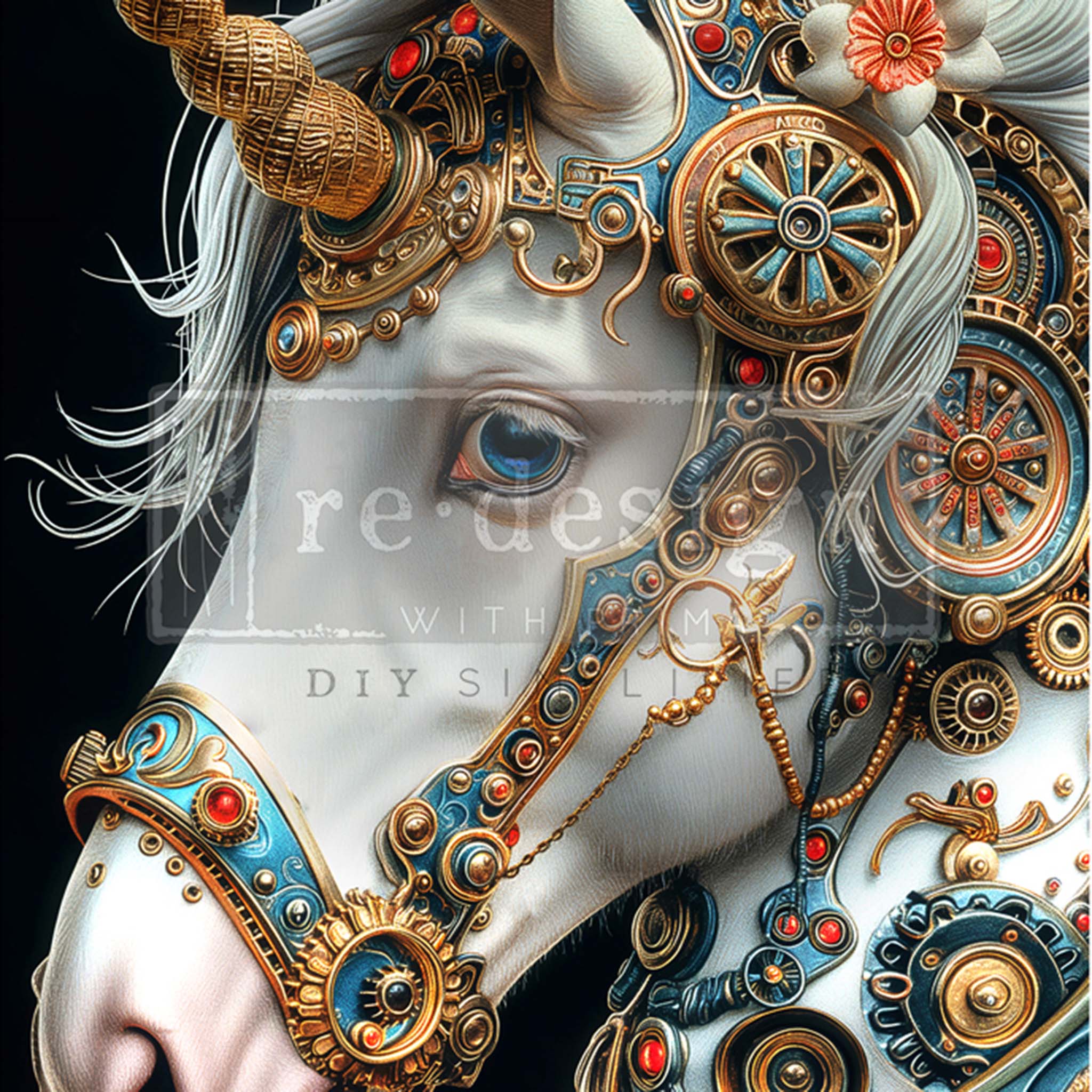Close-up of an A1 fiber paper design that features a white steampunk unicorn, adorned with gears and cogs.