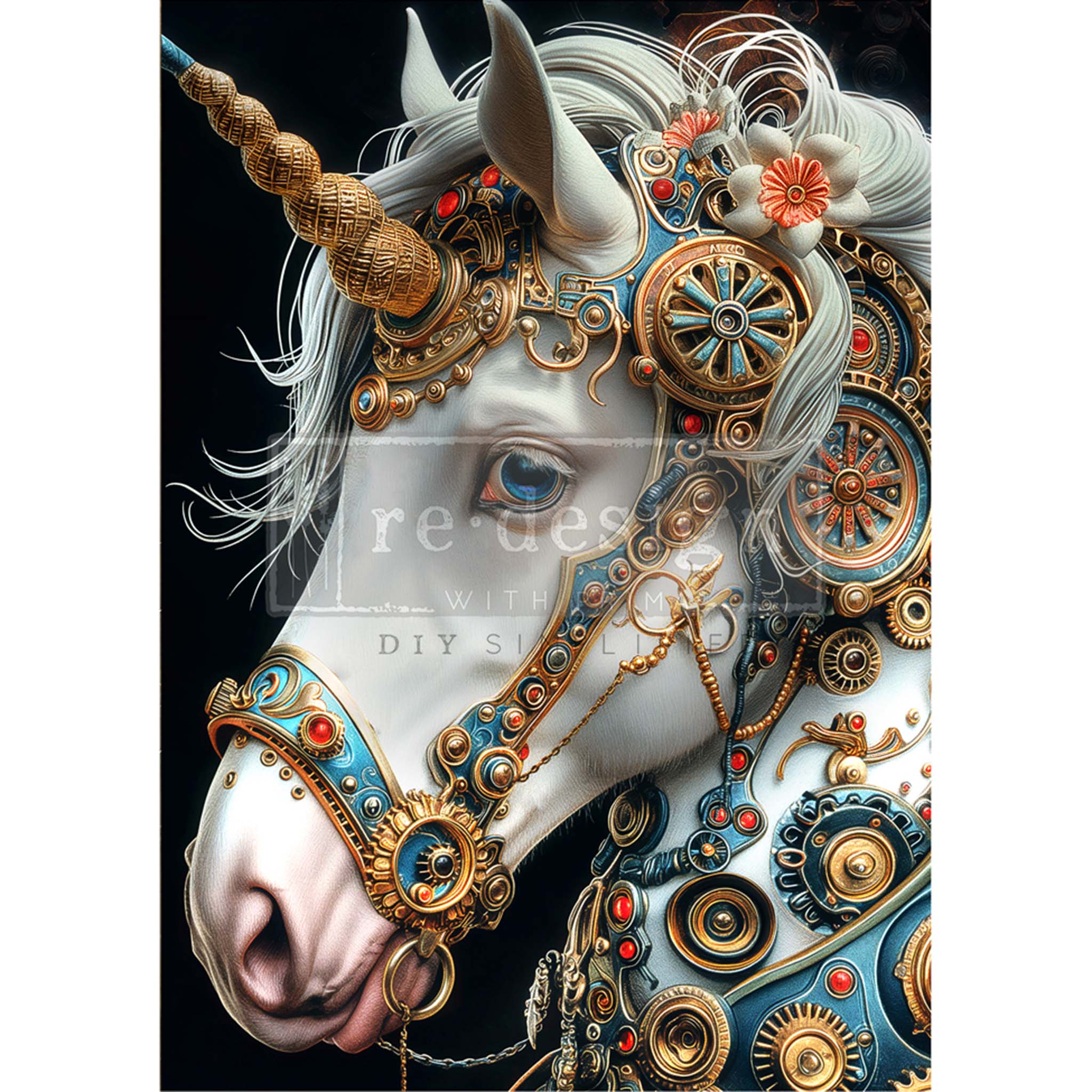 A1 fiber paper design that features a white steampunk unicorn, adorned with gears and cogs. White borders are on the sides.