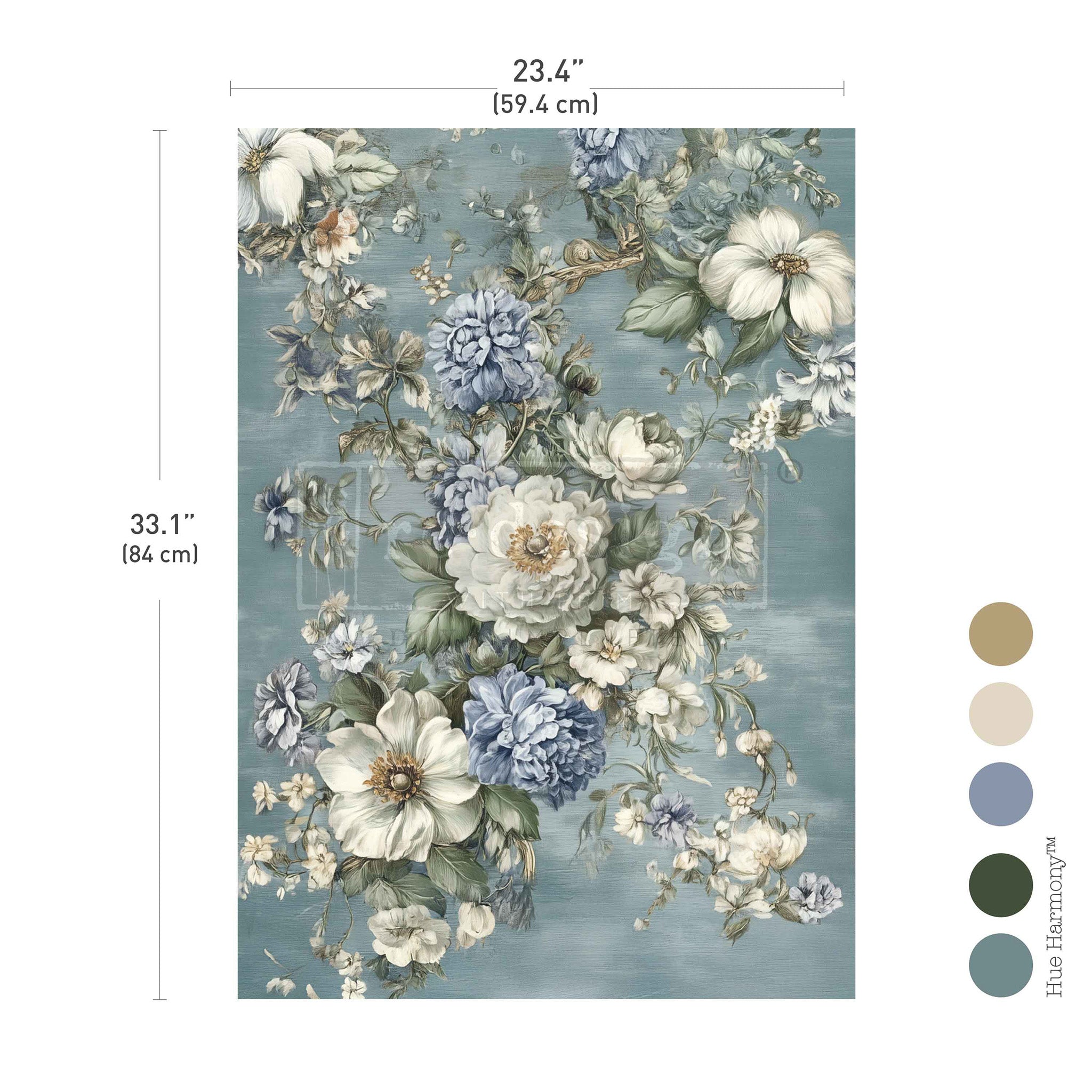 Floral patterned paper with measurements (23.4" and 33.1") and color swatches on a white background