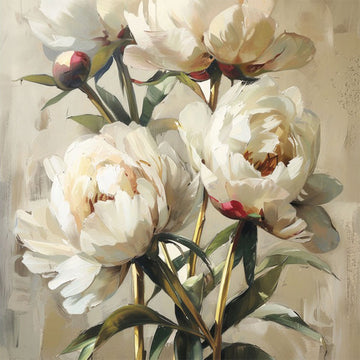 Close-up of an A1 fiber paper featuring creamy white peonies blooming against a soothing beige backdrop